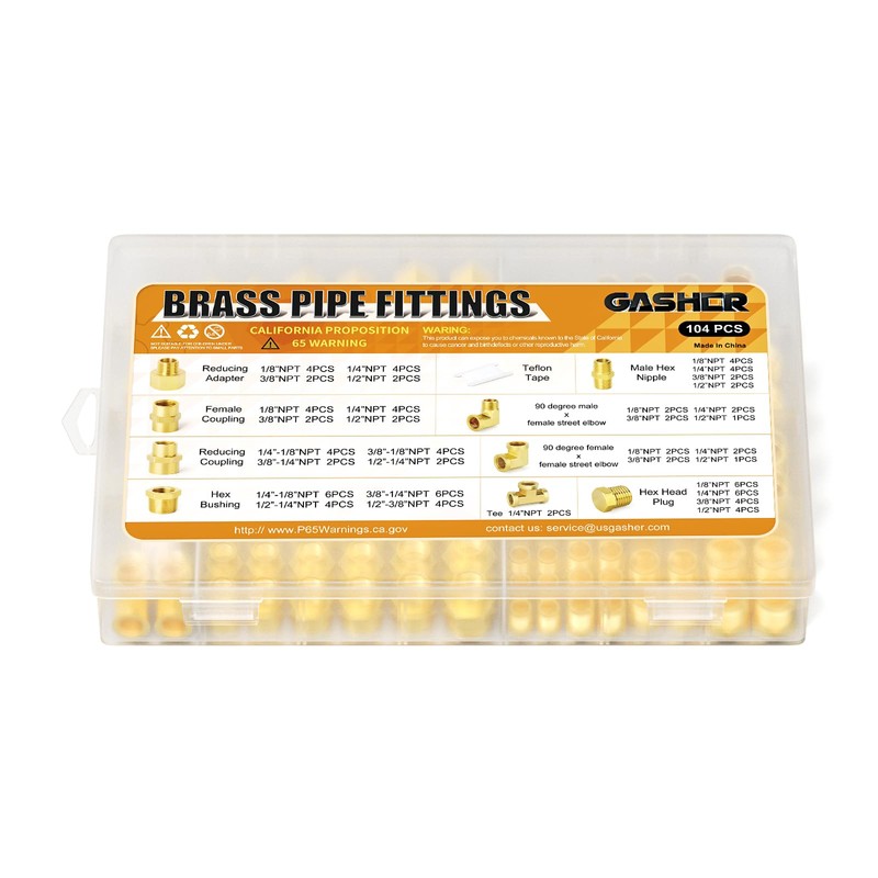 GASHER 104Pcs Brass Pipe Fittings Assortment Kit, Reducing Adapter, Hex