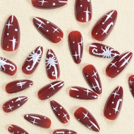 24 Pcs Fall Press on Nails Medium Almond RIICFDD Red Brown Fake Nails Autumn Nails with Scorpion Pattern Designs Glossy Full Cover False Nails Winter Acrylic Nails for Women and Girls Artificial Nails