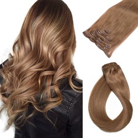 Clip in Hair Extensions, Golden Brown Hair Extensions Real Human Hair Clip ins 12 Inch Double Weft Clip in Hair Extensions Real Human Hair Clip in Extensions 70G 7 Pieces Clip on for Women