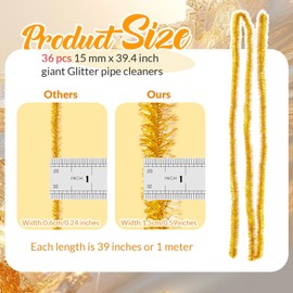 Seenelling 36 Pcs 40 Inch Christmas Large Pipe Cleaners Glitter Craft Pipe Cleaners Bulk Fuzzy Sticks for Holiday DIY Art and Craft Projects Home Decoration(Gold)