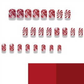 Christmas Press on Nails Short Square Fake Nails with Candy Red Glitter Swirl Designs Xmas False Nails Press on Full Cover Stick on Nails Acrylic Glue on Nails Winter Artificial Nails for Women 24 Pcs