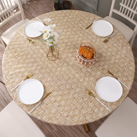 HRNJJYP Round Vinyl Fitted Tablecloth with Flannel Backing Elastic Edge Design Table Cover Waterproof Oil-Proof Plastic Table Cloth Stain-Resistant Wipeable for 45"-56" Round Table
