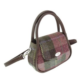 Glen Appin Harris Tweed 'Buchan' Round Mini Handbag (Muted Green & Rose Pink Tartan)