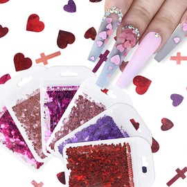Valentines Nail Art Glitter Flakes Stickers Decals 3D Love Heart Sequins Mixed Cross Design for Manicure Polish DIY Charms Tips Nail Decorations Supplies Accessories 6 Colors