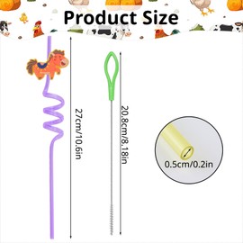 HOMMDECO 24PCS Drinking Straws Reusable Farm Animals Removable Novelty Crazy Straws Curly Party Straws Decorations with 1PC Cleaning Brushes, for Parties,Home, 8 Colors