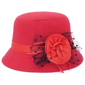 Wovanoo Women Felt Cloche Hat Floral Bowler Bucket Hat Vintage Church Round Hat for Women Ladies Red