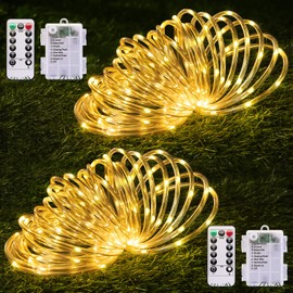 JMEXSUSS 2 Pack Battery Operated Rope Lights Outdoor Waterproof, Total 200LED 66ft 8 Mode/Remote Battery Christmas Lights Warm White, Battery Powered String Lights Outdoor for Christmas Decorations