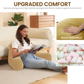 Unisakey Portable Comfy Reading Pillows for Bed Sitting Up(Camel Oeko-Tex), Velvet Back Pillow with Arms & Pockets for Adults, Support Memory Foam Bed Pillow for Dorm/Reading/Watching/Gaming