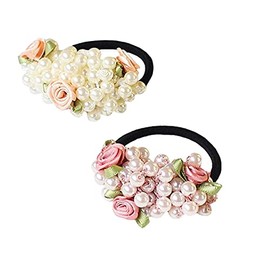 Xiwstar 2Pcs Pearls Hair Elastics Hair Ties Ponytail Holders Rose Flower Pigtail Ties Headwear Scrunchies Hair Accessories for Women Girls