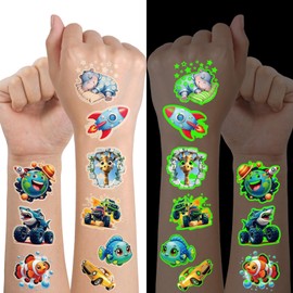 Glow in Dark 3D Temporary Tattoos for Kids, 117 Unicorn Mermaid Truck Dinosaur Space Cartoon Animal Waterproof Fake Tattoos, Luminous Small Stickers for Boys Girls Birthday Party Favor