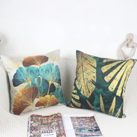 Sweetwill Set of 4 Decorative Cushion Covers 50cm x 50cm Linen Jungle Throw Pillow Cases Gold Turquoise Farmhouse Natural Cushion Covers 20x20 inches Sofa Cushions Modern Living Room Outdoor Garden