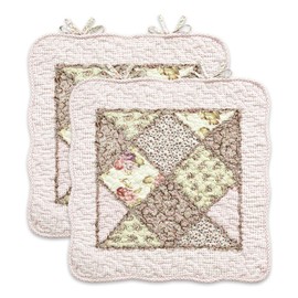 Leeva Cotton Linen Chair Cushions for Dining Chairs with Ties - Floral Plaid Patchwork Pattern Seat Cushion Pad, Set of 2, 18 x 18, Pink