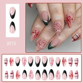 Christmas Press on Nails Medium Almond Fake Nails with Gift Design Green Glitter French Tips Glue on Nails Red Canes Stick on Nails Winter Xmas False Nails for Women Girls Holiday Manicure 24pcs
