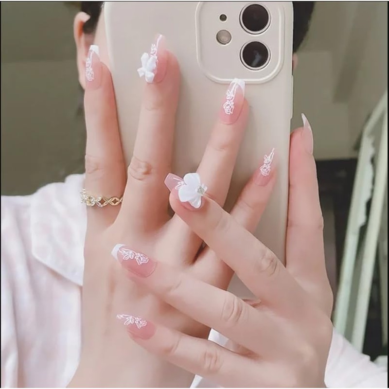 24pcs Coffin False Nail White 3D Bowknot Decor Nail with