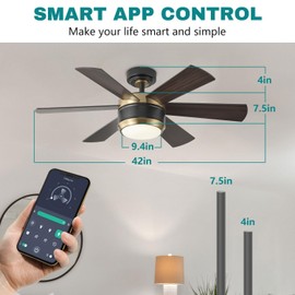 SHOWDI 42 Inch Ceiling Fan with Lights and Remote, 6 Blade App Control Timer Reversible Stepless Brightness and Color Temperature Outdoor Wood Ceiling Fan with Lights (Black-Gold, 42 Inch)