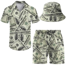 ifamawlea Men'S 2 Piece Money Dollor Hawaiian Shirt Shorts Button Down Rave Shirt And Shorts Sets With Bucket Hats 3X-Large