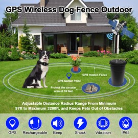 PLOJOP GPS Wireless Dog Fence and Outdoor Pet Barrier 2 in 1, Range 97-3280ft Electric Dog Fence for All Dogs, Keeps Pets Out of Obstacles, Adjustable Warning Strength (Black)