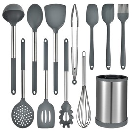 Keidason 12-Piece Non-stick Silicone Kitchen Utensils Set, Gray, BPA-Free, Heat-resistant, Stainless Steel Handle, Cooking Tool Mixing Kitchen Tool Set
