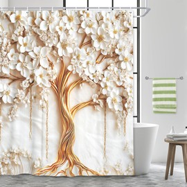 Luxury White and Gold Floral Shower Curtain, Modern Elegant Cherry Blossom Flowers Shower Curtain Set, Abstract Golden Waterproof Fabric Shower Curtains for Bathroom Decor Bathtub with Hooks, 72x72