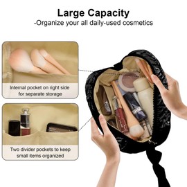 LJCZKA Puffy Quilted Makeup Bag for Women,Cute Checkered Zipper Bag Pouch,Travel Essential Large Makeup Pouch Portable Aesthetic Make up Bag Organizer Bag Women Girls (Black)