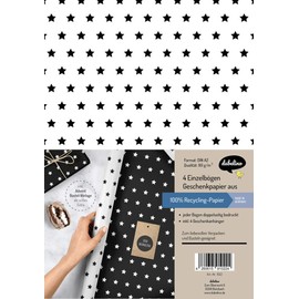 Weihnachtsgeschenkpapier-Set: Sterne (schwarz/ weiß): 4x Einzelbögen + 4x Geschenkanhänger