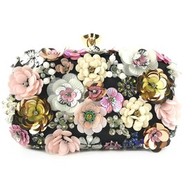 Flower Clutch Evening Bag Fancy Floral Evening Bag Purse Colorful Embroidery Beaded Clutch Bride Wedding Evening Purses, Black, Small