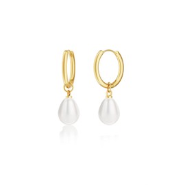 Gold Hoop Dangle Earrings for Women Trendy Gold Huggie Earrings with Charms 14K Gold Plated Stainless Steel Small Hoops Heart Pearl Drop Dangle Earrings Dainty Hypoallergenic Jewelry Gifts (Pearl)