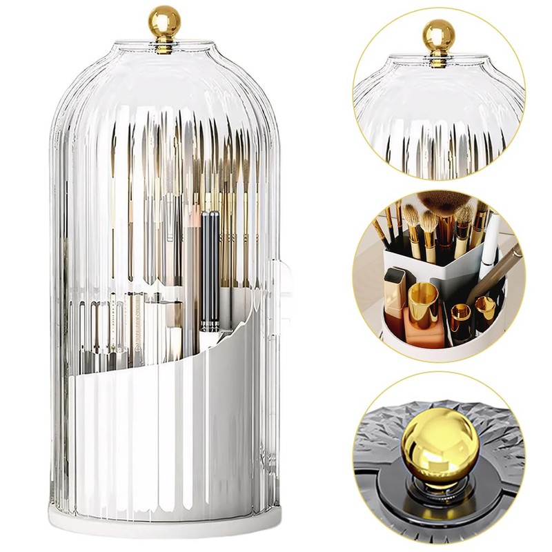 Cosmetic Storage with Transparent Compartments, Rotating Birdcage Makeup Organizer, Desktop