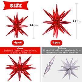 Wrbin 8 Pcs Red Star Balloons, 27/22 inch One-Piece Explosion Balloons Aluminum Foil Balloons for Birthday, Christmas, Wedding, Backdrop, Anniversary, Party Decorations