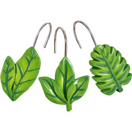 CTOHN 12 Pieces Leaves Shower Curtain Hooks Rings, Green Leaf Decorative Shower Hooks for Shower Curtain, Stainless Steel Decorative Shower Hangers Rings for Bathroom