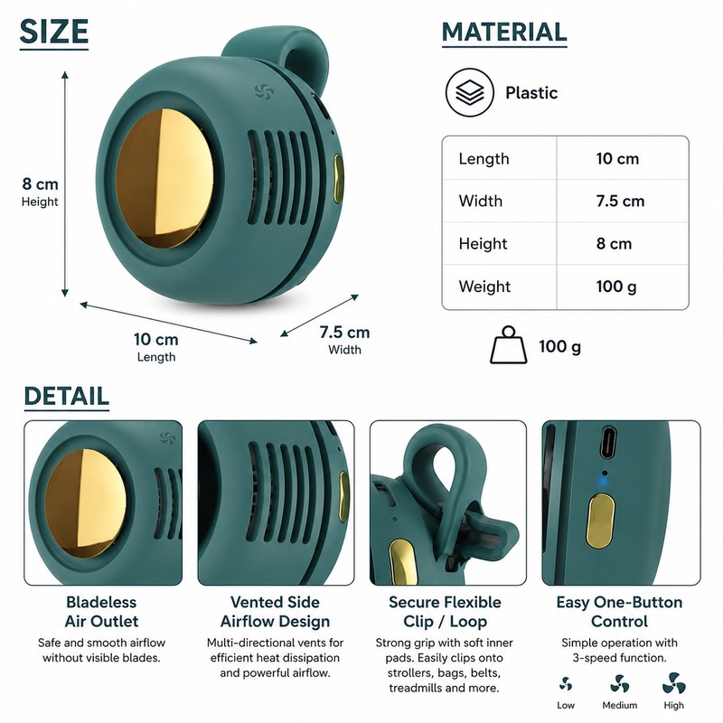 Mini Clip-On Portable Fan for Daily Cooling – Bladeless 3-Speed