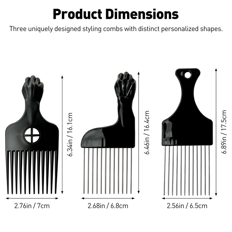 3PCS Metal Afro Comb Set - Black, for Hairdressing &