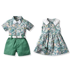 FAXSON Baby Boys Girls Brother and Sister Matching Outfits Clothes Floral Sleeveless Princess Dress(Green girl,70/6-12 Months)