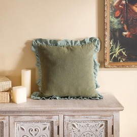 patdrea Green Shabby Chic Decorative Throw Pillow Covers 18x18 Set of 2,Farmhouse Linen Pillow Covers with Ruffles,Square Sturdy Throw Pillow Case for Couch Sofa Bed Living Room