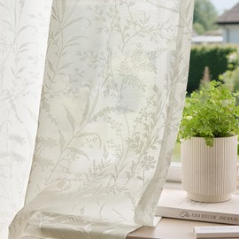 Anmao Beige Semi Sheer Light Filtering Curtains 84 Inches Long 2 Panels, Leaf Pattern Drapes for Living Room Bedroom, Rod Pocket Sheer Window Treatments with Floral Design, 52x84 Inch
