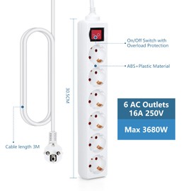 Aigostar Power Strip 6-Way with Switch Table Socket Child Lock 3 m Cable White