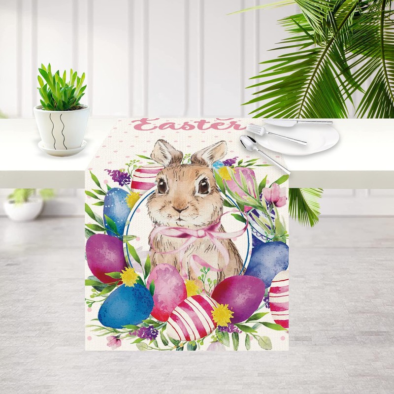 SEAHUI Happy Easter Rabbit Table Runner Easter Egg Wreath Table