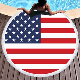EORUBE Round Beach Towel Oversized Blanket American Flag Stars and Stripes Print Microfiber Large Round Towel Picnic Mat Water Absorbent Towel 59 Inches Diameter 4th of July Decor (American Flag)