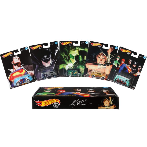Hot Wheels Limited Edition Premium 1:64 Scale 5-Car Box Set Features DC Artist Alex Ross Illustrations for Collectors and kids 3 years and older