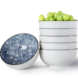 QINLANG 6 Inch Blue and White Porcelain 30 oz Bowls Set of 6 for Soup, Cereal, desserts, ice cream and Rice - Wave Pattern