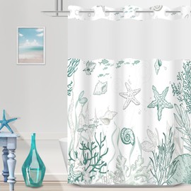 TWLSNCD No Hook Nautical Coastal Shower Curtain with Snap in Liner Set, Ocean Summer Beach Seashell Design, Hotel Quality Bathroom Decor, with See Through Mesh Top Window, Green Extra Long 71" x 84"