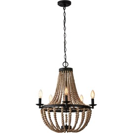 Francis Millar Rustic Five Light Matte Black And Accented Natural Wood Bead Strings Ceiling Flush Mount Chandelier with Candlestick Light Bulbs ~ Turn Heads Upward with This Glamourous Piece Statement