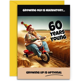 60th Birthday Card - Growing old is optional - A5 Size with Yellow Envelope. Funny Card for him, dad, uncle, brother, friend. Designed and Printed in the UK