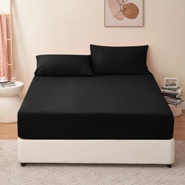 RUIKASI Double Fitted Sheet Deep - Black Bottom Sheet for Double Size Bed with 40cm 16 Inches Extra Deep Sided Pocket, Soft Microfiber Bedsheet Ultra Deep Fit with Mattress