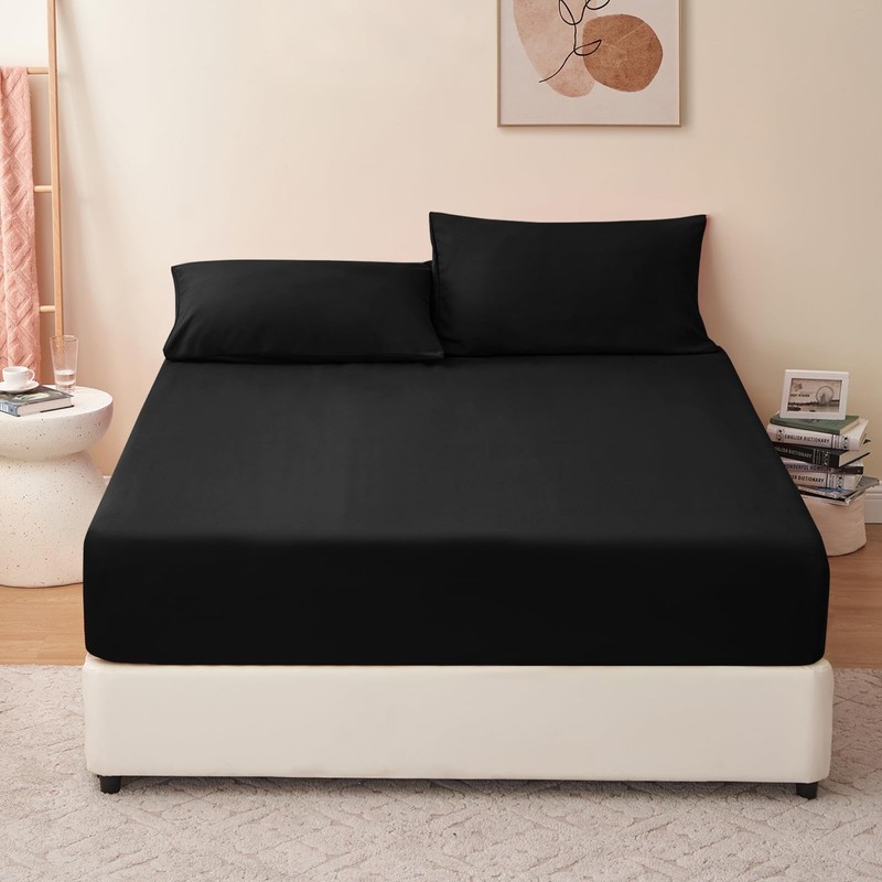 RUIKASI Double Fitted Sheet Deep - Black Bottom Sheet for