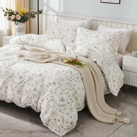 Nayoroom Cotton Duvet Cover Queen Size White Floral Botanical Leaf Butterfly Spring Comforter Cover 3 Pieces Soft Breathable Cottagecore Bedding Set with Zipper Closure