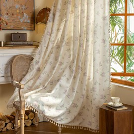 OYX Purple Boho Floral Curtains 84 Inch Length 2 Panels for Living Room, Bedroom Light Filtering Drapes, Farmhouse Country French Rustic Tassels Patterned Rod Pocket Aesthetic Decor Window Treatments