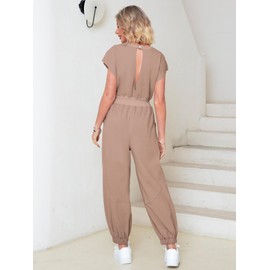 Glamaker Women's Casual Sleeveless One Piece Jumpsuits Loose Open Back Workout Onesie Summer Outfits With Pockets(Grey Coffee S)