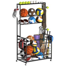 smusei Sports Equipment Organizer Garage Basketball Ball Holder for Sports Gear and Toys Garage Ball Storage Rack Cart with Wheels and Hooks for Volleyball Football Basketball, Indoor/Outdoor, Black