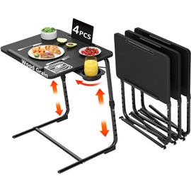 TV Trays Set of 4 - Folding TV Tray Adjustable Dinner Trays for Eating On Couch Wooden Tables Mate Stand Foldable Black Desk with Cup Holder Portable